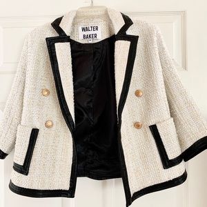 Cropped Tweed Blazer with Leather Trim